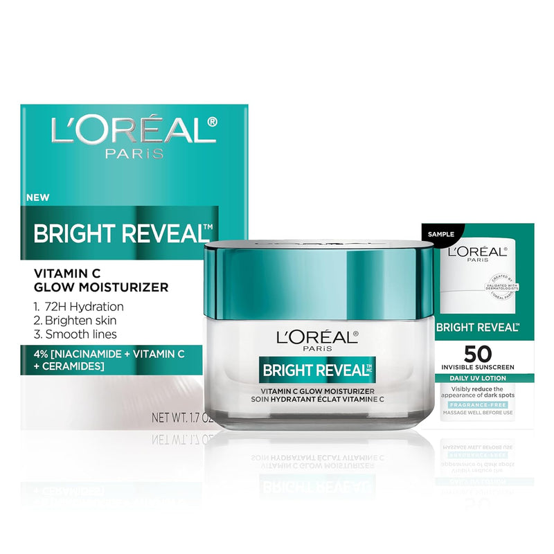 L'Oreal Paris Bright Reveal Vitamin C Glow Moisturizer, Supercharged Facial Moisturizer to Brighten Skin, Even Tone and Hydrate for 72HRs, Includes SPF 50 Sample Infinity Warehouse