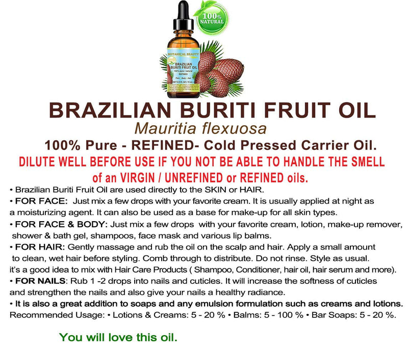 BURITI FRUIT OIL Brazilian. 100% Pure / Natural / REFINED Undiluted Cold Pressed Carrier Oil . For Face, Body, Hair, Lip and Nail Care. 0.5 fl oz- 15 ml. "One the richest natural source of vitamin A, E and C" From Amazon Rainforest. by Botanical Beauty Botanical Beauty