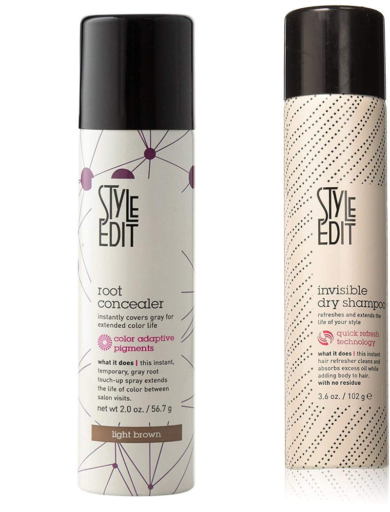 Style Edit Root Concealer Spray Light Brown And Invisible Dry Shampoo, to Cover Up Roots and Grays And Refresh Your Hair. STYLE EDIT