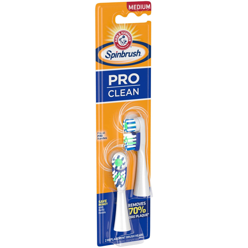 Spinbrush PRO CLEAN Refill, Medium Bristles, Includes 2 Replacement Heads for Battery Powered Toothbrushes Arm & Hammer
