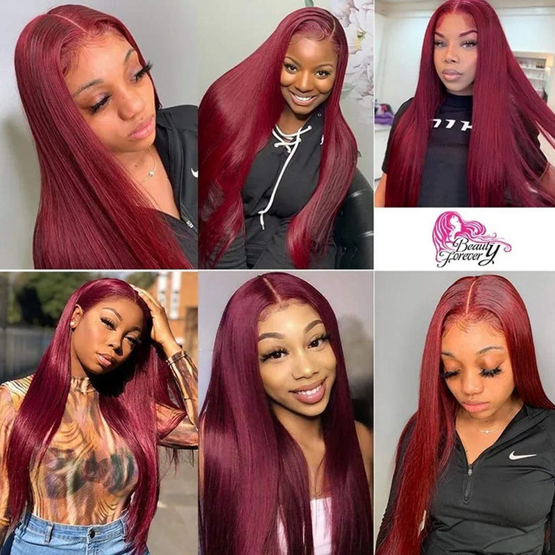 Beauty Forever Hand Tied T Part Lace Wig Human Hair Lace Part Wigs Long Straight Hair 24inch 99J Color Middle Part 150% Density For Black Women Beauty Forever Store