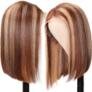 UNice Ombre Blonde 13x4 Lace Front Human Hair Bob Wig for Black Women Brazilian Remy Hair Brown Blonde Streaks Straight Lace Frontal Wig Pre Plucked with Baby Hair 150% Density (12 inch) UNICE Store