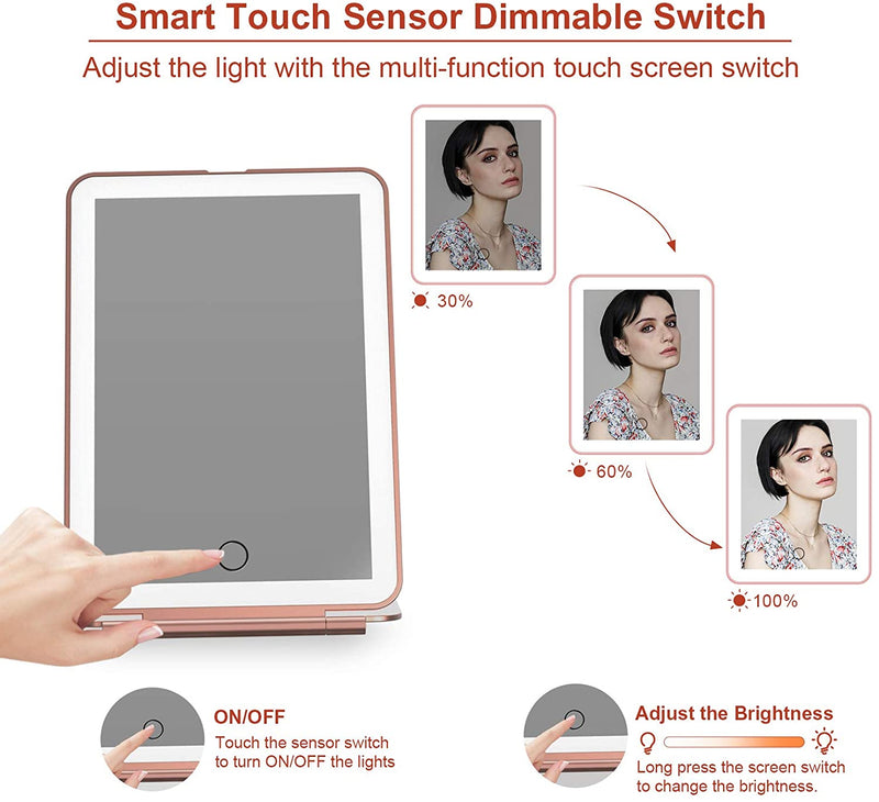Rechargeable Makeup Vanity Mirror with 72 Led Lights, Lighted Travel Portable Light up Beauty Mirror, 3 Color Lighting, Dimmable Touch Screen, Tabletop Desk LED Foldable Cosmetic Mirror with Lights FUNTOUCH