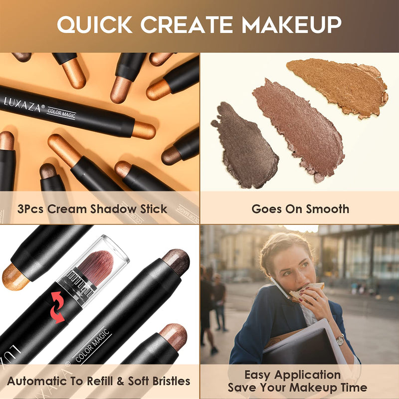 LUXAZA 3Pcs Metallic Brown Eyeshadow Stick Set, Metallic And Shimmer Creamy EyeShadow Pencil, Smooth High Pigmented Eye Brightener Stick Smoky Eye Makeup LUXAZA