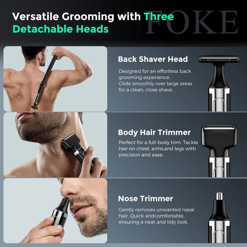 FOKE Back Shaver for Men, Ultra-Wide 1.8" T-Shaped Head, Includes Travel Case, Mens Back Shaver Rechargeable with Long Handle, Safety Lock, Waterproof IPX7, Multi-Functional Body Hair Trimmer,(Black) Infinity Warehouse