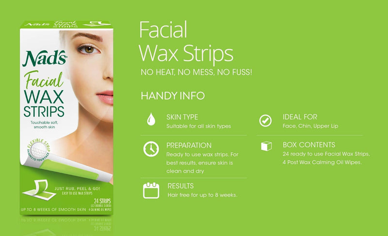 Nad's Facial Wax Strips, Fragrance free, 24 Count (Pack of 2) Nad's
