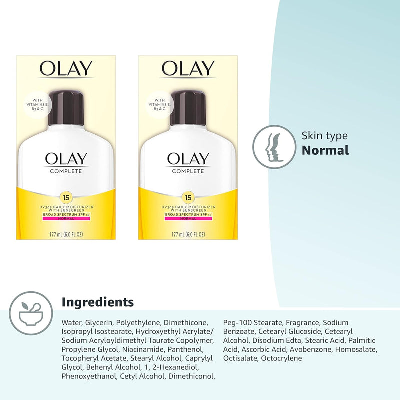 Olay Face Moisturizer, Complete with Sunscreen SPF 15, Daily Facial Lotion for Normal Skin, Lightweight Hydrating Broad Spectrum Sun Protection - Vitamin C, E, and Niacinamide - 6 Oz 2 Pack Infinity Warehouse
