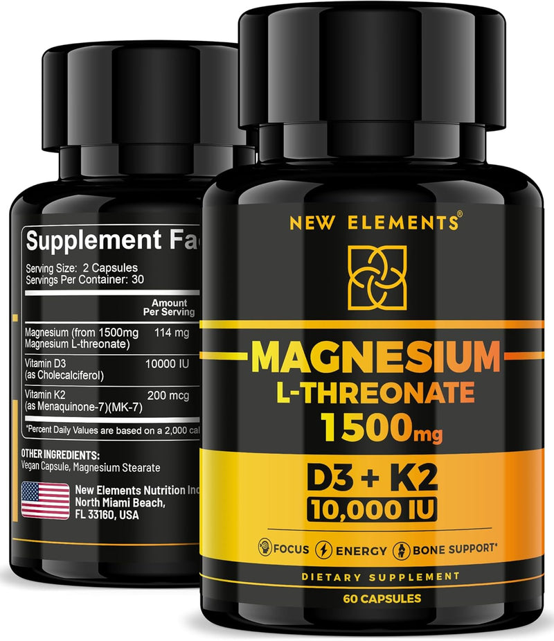 Magnesium L-Threonate 1500mg with Vitamin D3 10,000 IU & K2 MK-7 – Brain, Focus & Bone Support – 60 Vegan Capsules – High Absorption, Non-GMO Infinity Warehouse