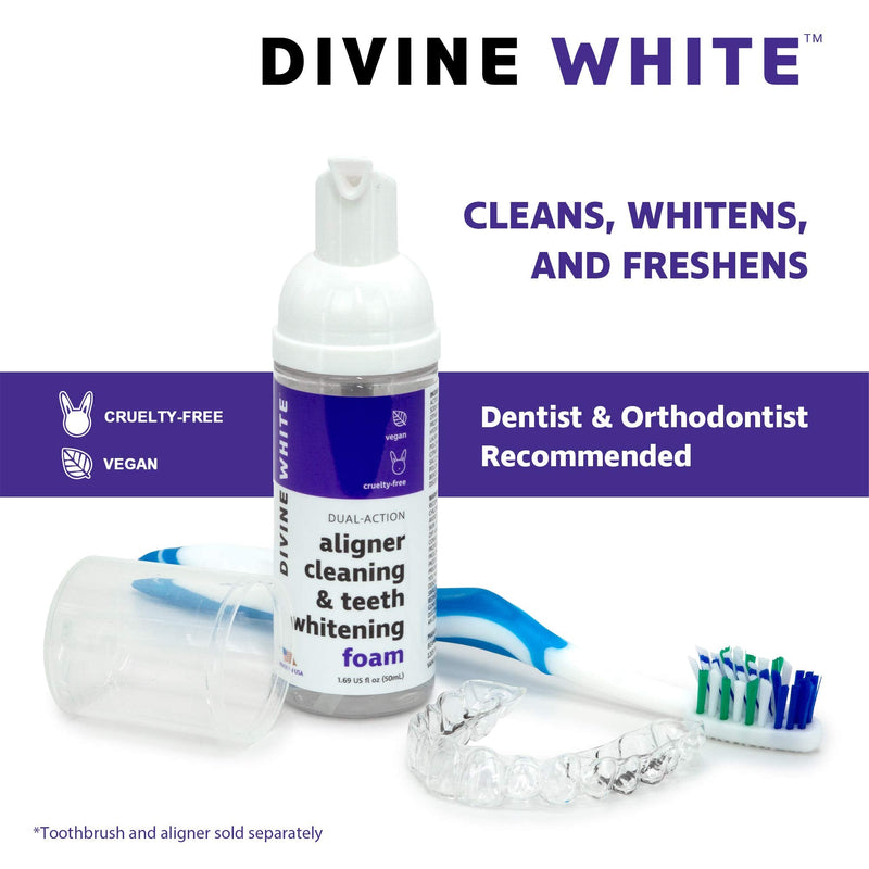 Divine White Dual-Action Stain Removal Aligner/retainer Cleaner and Teeth Whitening Foam- Hydrogen Peroxide-Good for Invisalign, ClearCorrect, SmileDirectClub, Candid, Byte -Oral Care-Foam Toothpaste DIVINE WHITE