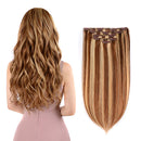 5 Pieces 12 Remy Clip in Hair Extensions Human Hair Light Brown Mixed Blonde Highlights - Beauty Silky Straight Short Thick Real Hair Extensions for Women Fashion (12 inches, 6/613, 60 grams) Amygirl