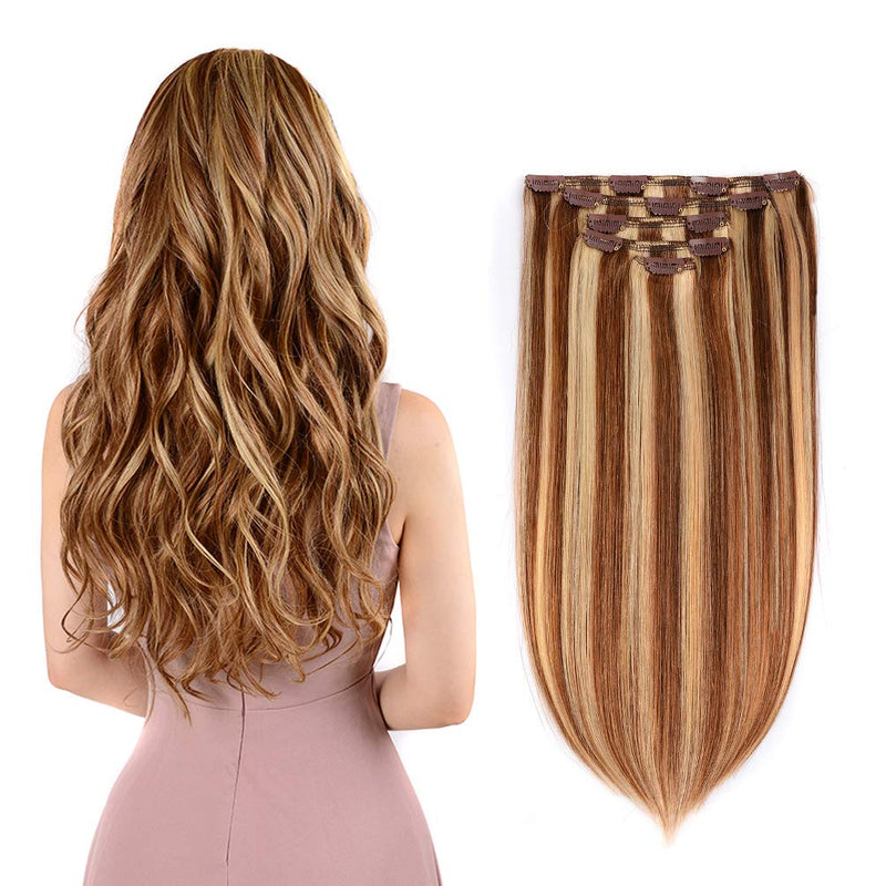 5 Pieces 12 Remy Clip in Hair Extensions Human Hair Light Brown Mixed Blonde Highlights - Beauty Silky Straight Short Thick Real Hair Extensions for Women Fashion (12 inches, 6/613, 60 grams) Amygirl