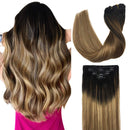 Doores Hair Extensions Clip in Human Hair Ombre Natural Black to Chestnut Brown and Honey Blonde Remy Clip in Human Hair Extensions Straight 120g 7pcs 20 Inch Doores