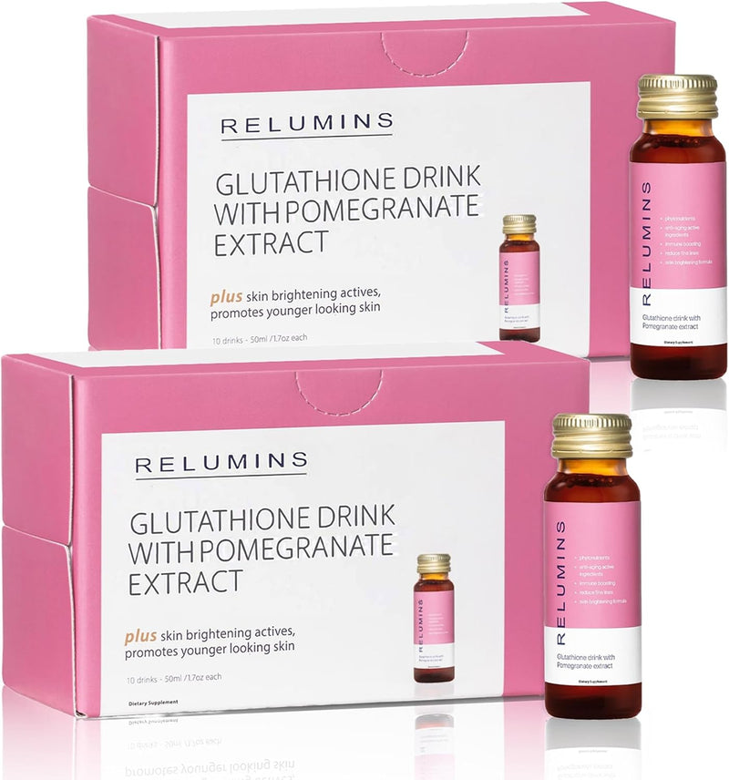 Relumins Glutathione Drink - Helps Promote Brighter and Firm Skin, Boosts Collagen Content, Moisture for a Younger Looking Skintone - Pomegranate Flavor, 50mL x 10 Gluta Shot Bottles Infinity Warehouse