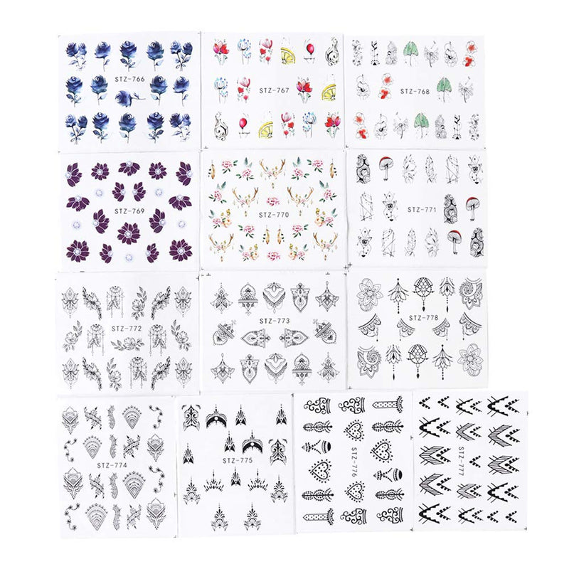 13 Sheets Black Nail Art Stickers Water Transfer Decals Nail Supplies Decorations Accessories with Flowers Necklace Jewelry Dream Catcher Feather Design Foil Tattoo for DIY Nail Manicure Tips ARTEM