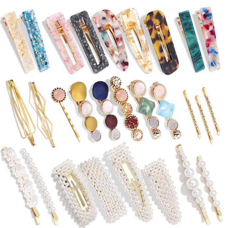 28 PCS Hingwah Pearls and Acrylic Resin Hair Clips, Handmade Hair Barrettes, Marble Alligator bobby pins, Glitter Crystal Geometric Hairpin, Elegant Gold Hair Accessories, Gifts for Women Girls Magicsky