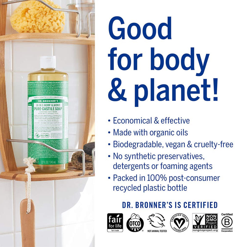 Dr. Bronner’s - Pure-Castile Liquid Soap (Almond, 32 ounce) - Made with Organic Oils, 18-in-1 Uses: Face, Body, Hair, Laundry, Pets and Dishes, Concentrated, Vegan, Non-GMO Dr. Bronner's