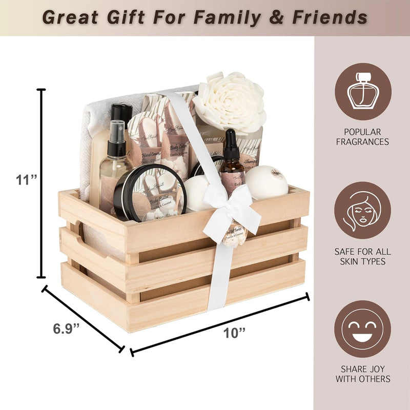 Bath Spa Gift Sets - Luxury Basket With Coconut & Vanilla - Spa Kit Includes Wash, Bubble Bath, Lotion, Bath Salts, Body Scrub, Body Spray, Shower Puff, Bathbombs, Soap and Towel