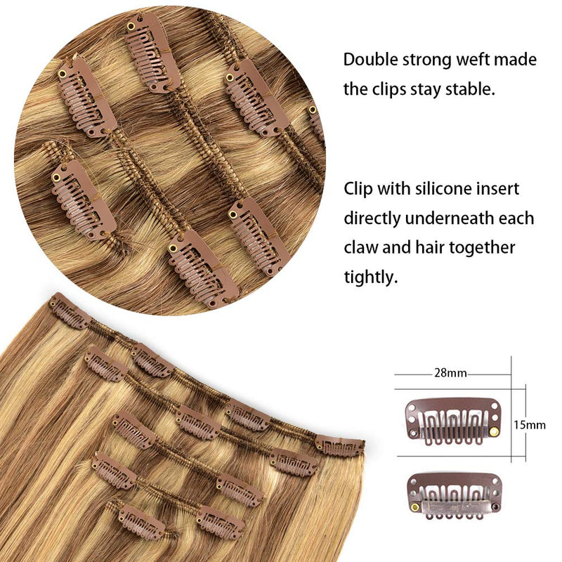 5 Pieces 20" Remy Clip in Ombre Hair Extensions Human Hair Light Blonde Mixed Golden Blond Highlights - Beauty Silky Straight Long Thick Real Hair Extensions for Women Fashion (20 inches,