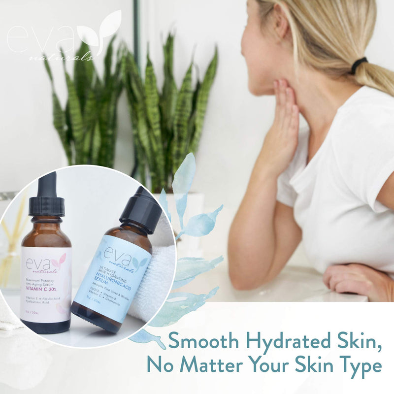 Eva Naturals Hydrate and Brighten Skincare Bundle - Includes Hyaluronic Acid Serum and 20% Vitamin C Serum - Restores Lost Moisture, Plumps Skin while Toning and Smoothing the Complexion Eva Naturals