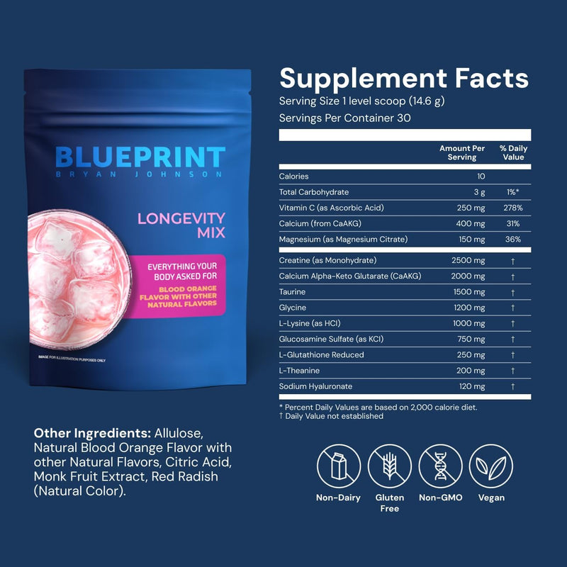 Blueprint Bryan Johnson Longevity Mix - Muscle Builder & Recovery Supplement - Promotes Focus and Balanced Mood - Magnesium, Creatine, L-Theanine, Glutathione & Vitamin C- 30 Servings, Blood Orange Infinity Warehouse