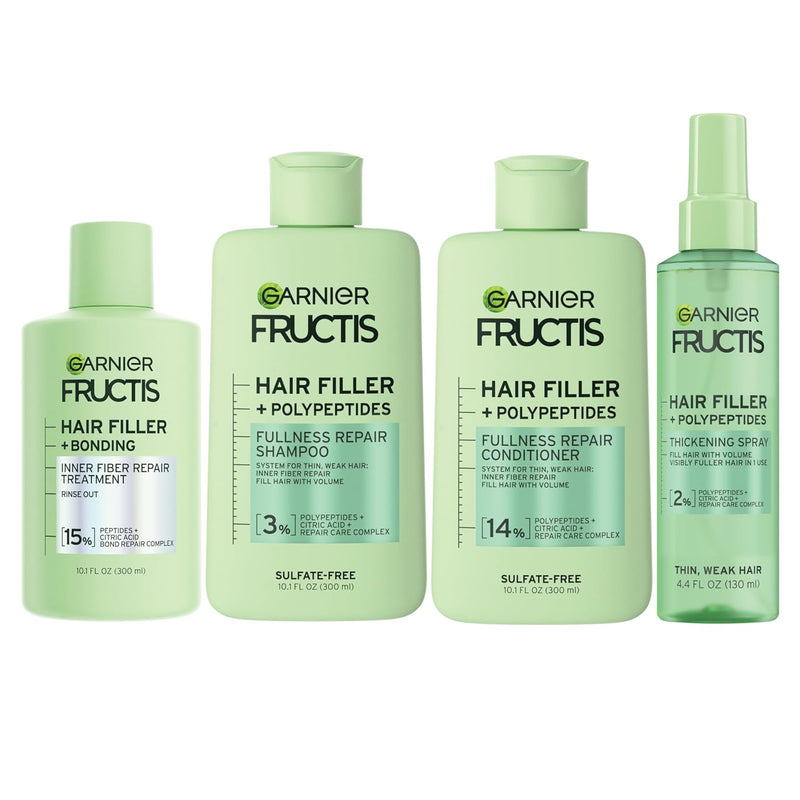 Garnier Fructis Hair Filler Bonding Pre-Shampoo + Fullness Repair Shampoo, Conditioner + Thickeing Spray Set with Polypeptides (4 Items), 1 Kit Infinity Warehouse