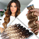 Wavy Rooted Tape in Hair Extensions 40pcs 80g 100% Human Hair Body Wave 14 inch Highlighted Light Brown & Bleach Blonde Long Soft Remy Hair Skin Weft Seamless Invisible Double Side Tape