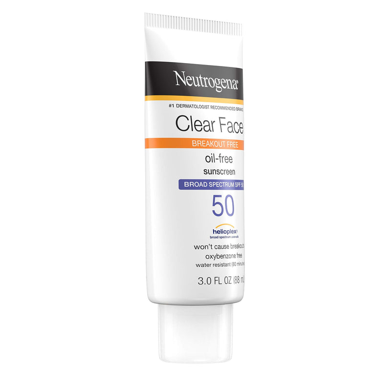 Neutrogena Clear Face Liquid Lotion Sunscreen for Acne-Prone Skin, Broad Spectrum SPF 50 UVA/UVB Protection, Fragrance & Oxybenzone Free Facial, Non-Comedogenic, Unscented, 3 Fl Oz Neutrogena