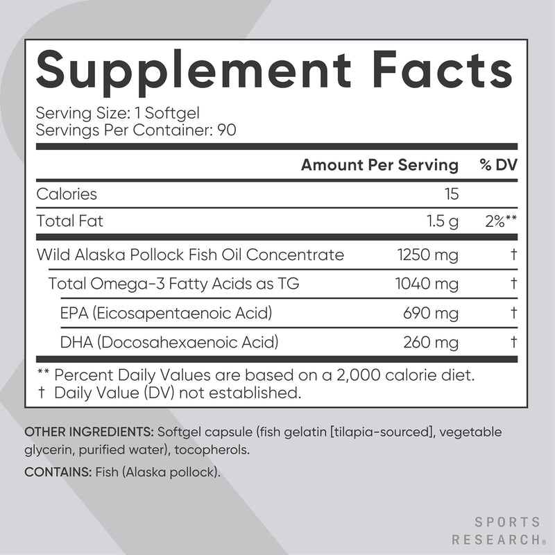 Sports Research Triple Strength Omega 3 Fish Oil - Burpless Fish Oil Supplement w/EPA & DHA Fatty Acids from Single-Source Wild Alaskan Pollock - 1250 mg, 90 ct Infinity Warehouse