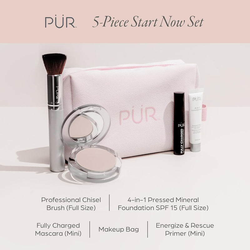 PÜR Minerals Multitasking Essentials Kit - Makeup Gift Set Includes 4-in-1 Correcting Primer, Fully Charged Mascara, 4-in-1 Pressed Mineral Powder & 1 Chisel Brush Infinity Warehouse