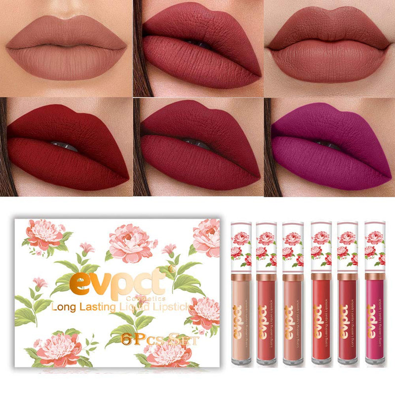 6Pcs Matte Liquid Lipstick Set,Dark Red Matte Lipstick Lip Stain Long Lasting 24 Waterproof Lip Gloss Gift Set ,Lipstick Sets for Women Lippies Lip Makeup Lipgloss Beauty Kit (Set01) evpct