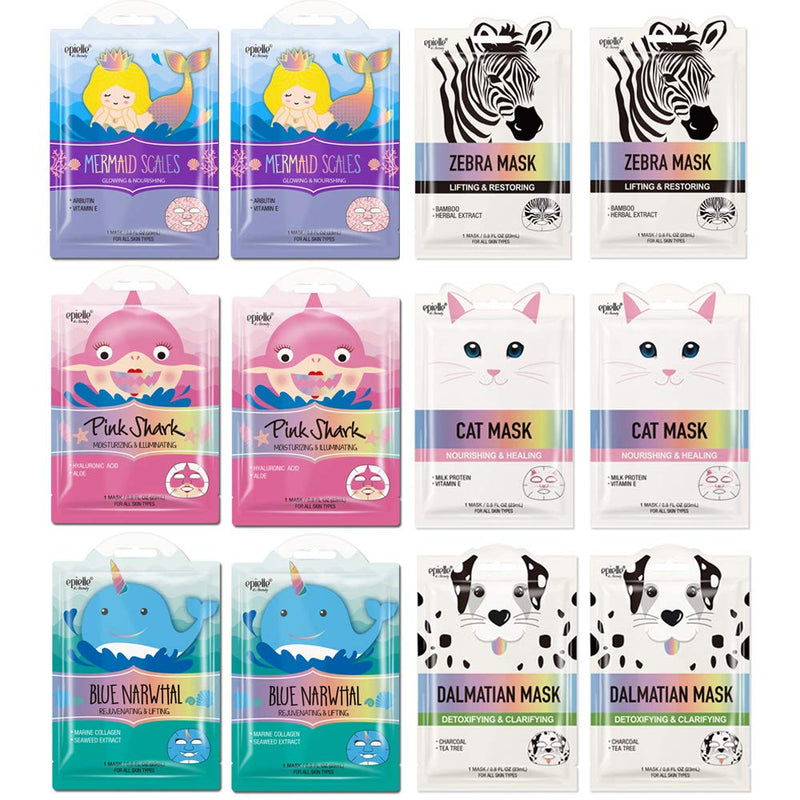 Epielle Character Sheet Masks | Animal Spa Mask |Dalmatian, Zebra, Cat, Shark, Narwhal, Mermaid Scale | Korean Beauty Mask -For All Skin Types, (Pack of 12) | Birthday Party Gift for her kids, Spa Day Party, Girls Night, Spa Night, Beauty Gift Epielle Store