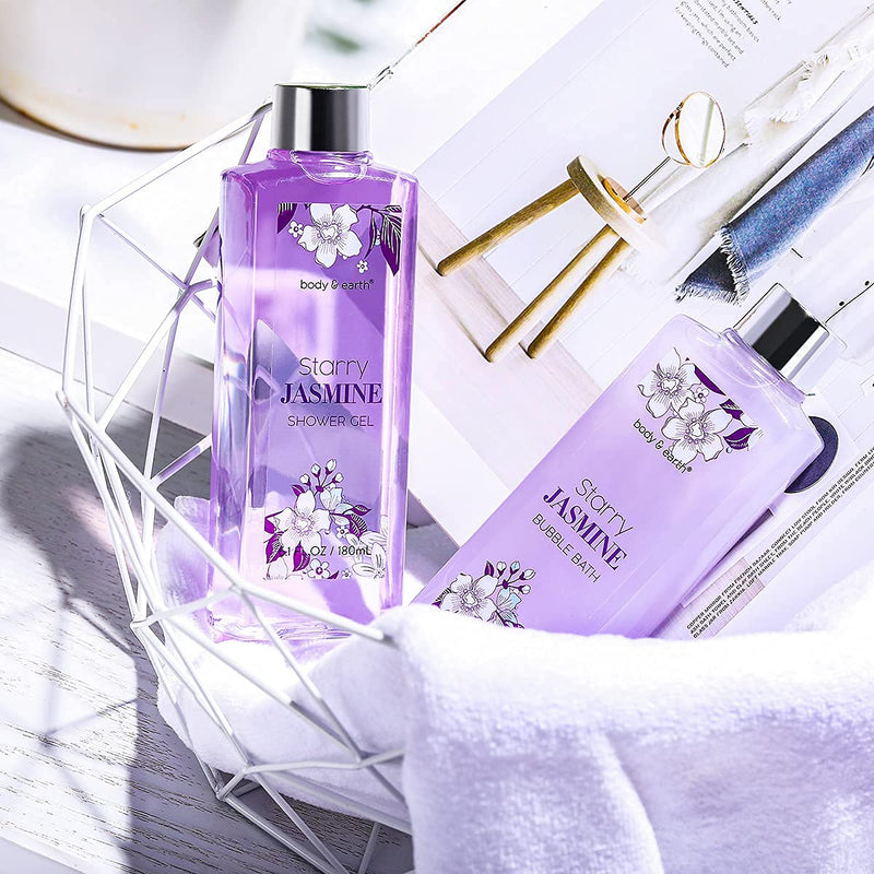 Gift Set for Women - Spa Gift Baskets for women Body & Earth 11 Pcs Jasmine Scented Women Bath Set Gift Basket with Bubble Bath, Shower Gel, Body Lotion & Scrub and More, Valentines Gifts for Women BODY & EARTH