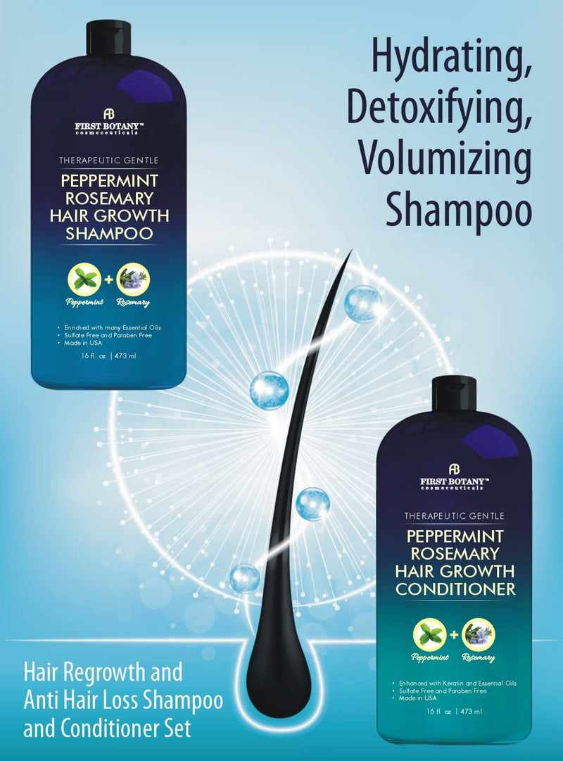 First Botany, Peppermint Rosemary Hair Regrowth and Anti Hair Loss Shampoo and Conditioner Set - Daily Hydrating, Detoxifying, Volumizing Shampoo and Fights Dandruff For Men and Women 16 fl oz x 2 Infinity Warehouse