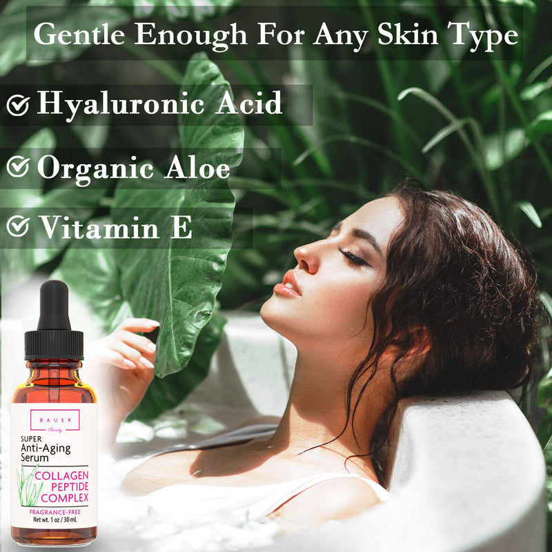Collagen Peptide Complex Face Serum Anti Aging with Matrixyl 3000 and Hyaluronic Acid, Ultimate Skin Repair, Brightening, Hydrating and Skin Tightening for Glass Skin- DERMATOLOGIST TESTED Bauer Beauty