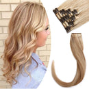 Clip in Remy Hair Extensions Human Hair for Women 20 inch Seamless Clip on Real Hair Highlighted Blonde Skin Weft Clip ins Thin 8pcs Standard Weft Long Straight Hairpieces for Full Head