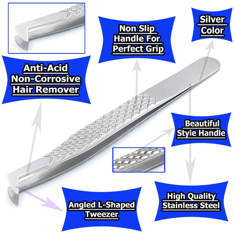 G.S Volume Eyelash Extension Tweezer - Professional Angled Curved Pointed L-Shaped Precision Tweezers for 3D 4D 6D Lashes Extension - Silver Non Slip Handle ELT-013 G.S ONLINE STORE