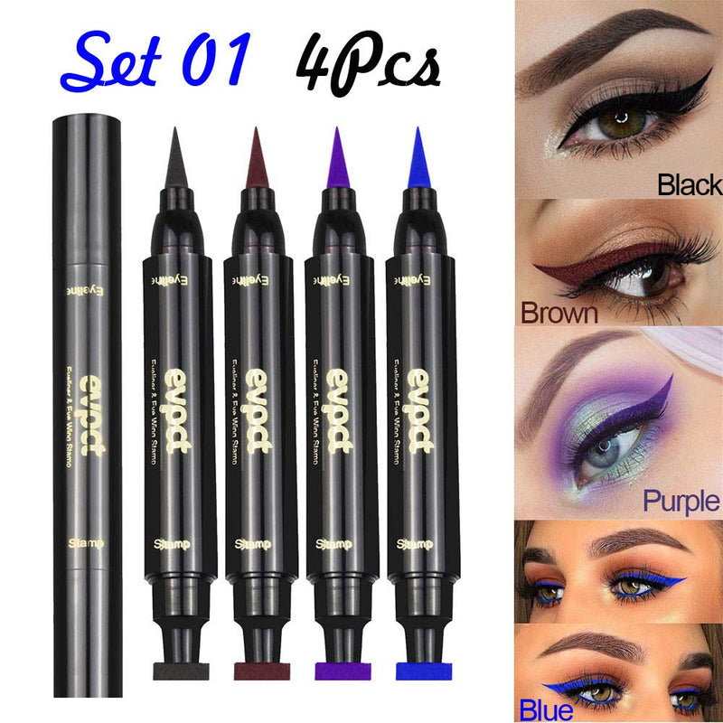 4 Color Winged Eyeliner Stamps Set,evpct Wing Waterproof Eyeliner Stamp Tool Wingliner,Blue Purple Black Brown Matte Liquid Eyeliner Colorful Set Colored Cat Eye Stamp Eyeliner Liners Pencil Pen Kit evpct