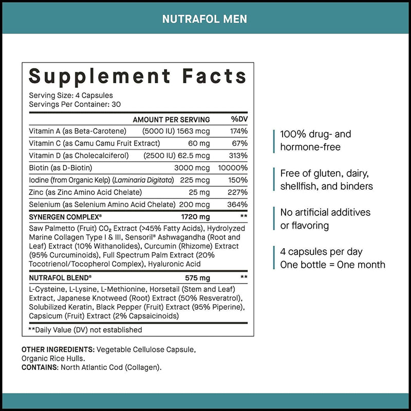 Nutrafol Mens Hair Growth Supplement for Thicker, Stronger Hair (4 Capsules Per Day - 2 Bottles - 2 Month Supply) Nutrafol