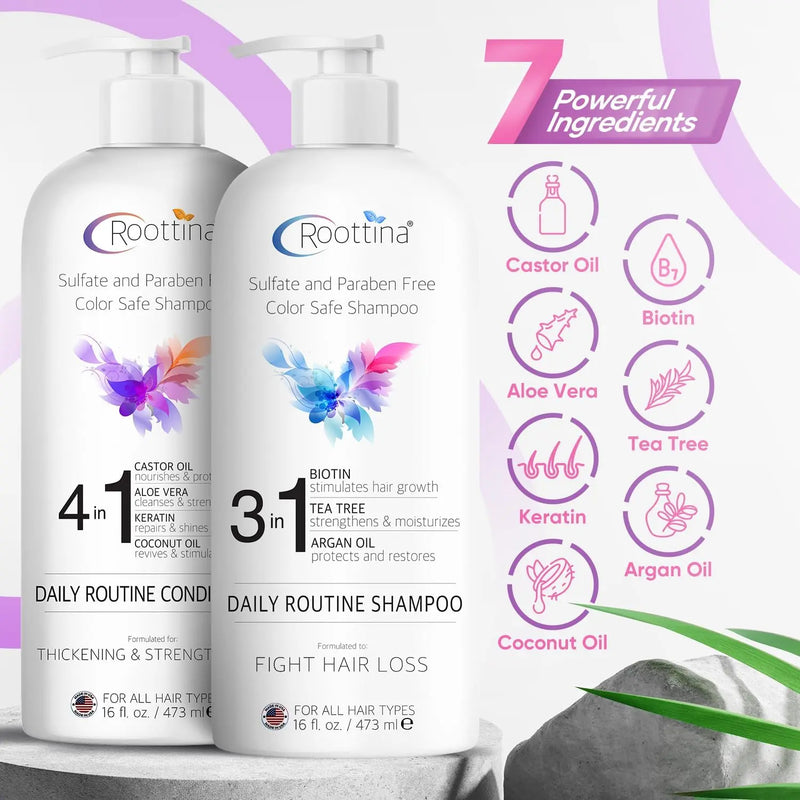 Fights Hair Loss, Roottina Daily Routine Shampoo and Conditioner Set with DHT Blockers for Women, Promotes Hair Thickening and Growth, , Made in USA (16 fl oz x 2) Infinity Warehouse