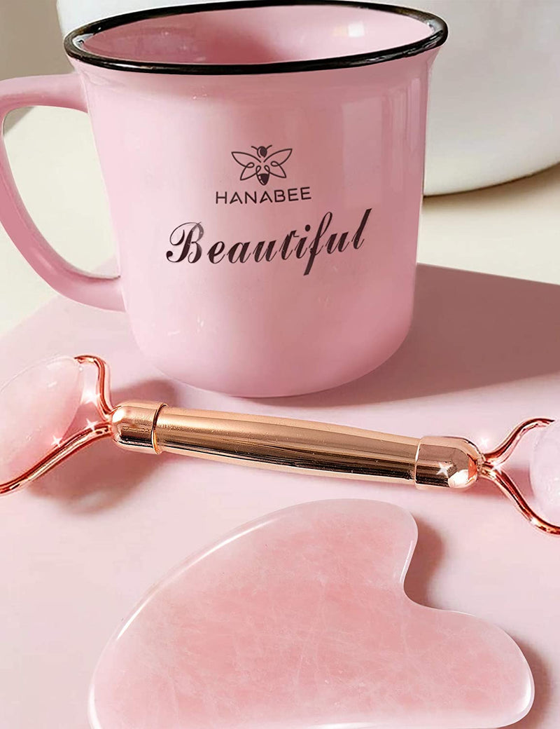 Jade Roller Gua Sha,Rose Quartz Face Roller Skin Care Tools,Beauty Facial Massager,Eye Roller For Puffy Eyes,Self Care Gifts For Women,HANABEE Skincare Sets & Kits (Rose Quartz) HANABEE Store