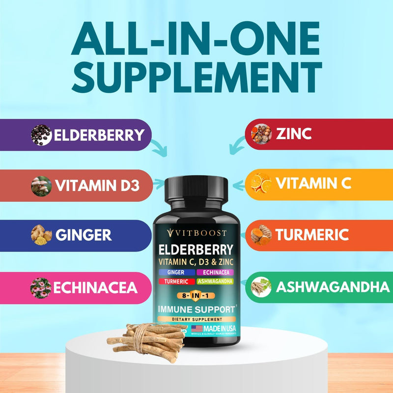 Elderberry Immune Support Supplement 8-in-1 Formula with Echinacea, Vitamin C & Zinc, Vitamin D 5000 IU, Turmeric, Ginger, Ashwagandha – 60 Capsules Infinity Warehouse