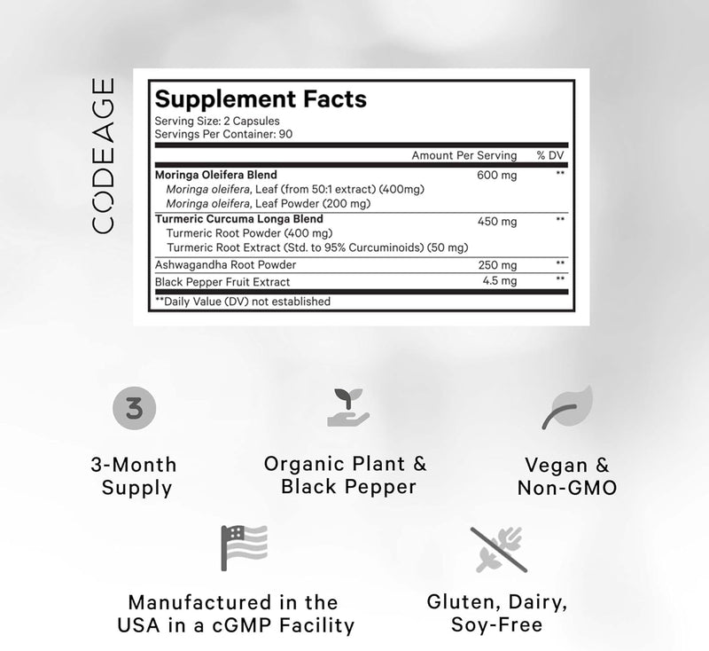 Codeage Liposomal Moringa+ Supplement, 400mg Moringa 50:1 Extract - 20,000mg Moringa Oleifera Leaf Equivalent - Turmeric, Ashwagandha, Black Pepper, 3-Month Supply, Vegan Moringa Powder - 180 Capsules Infinity Warehouse