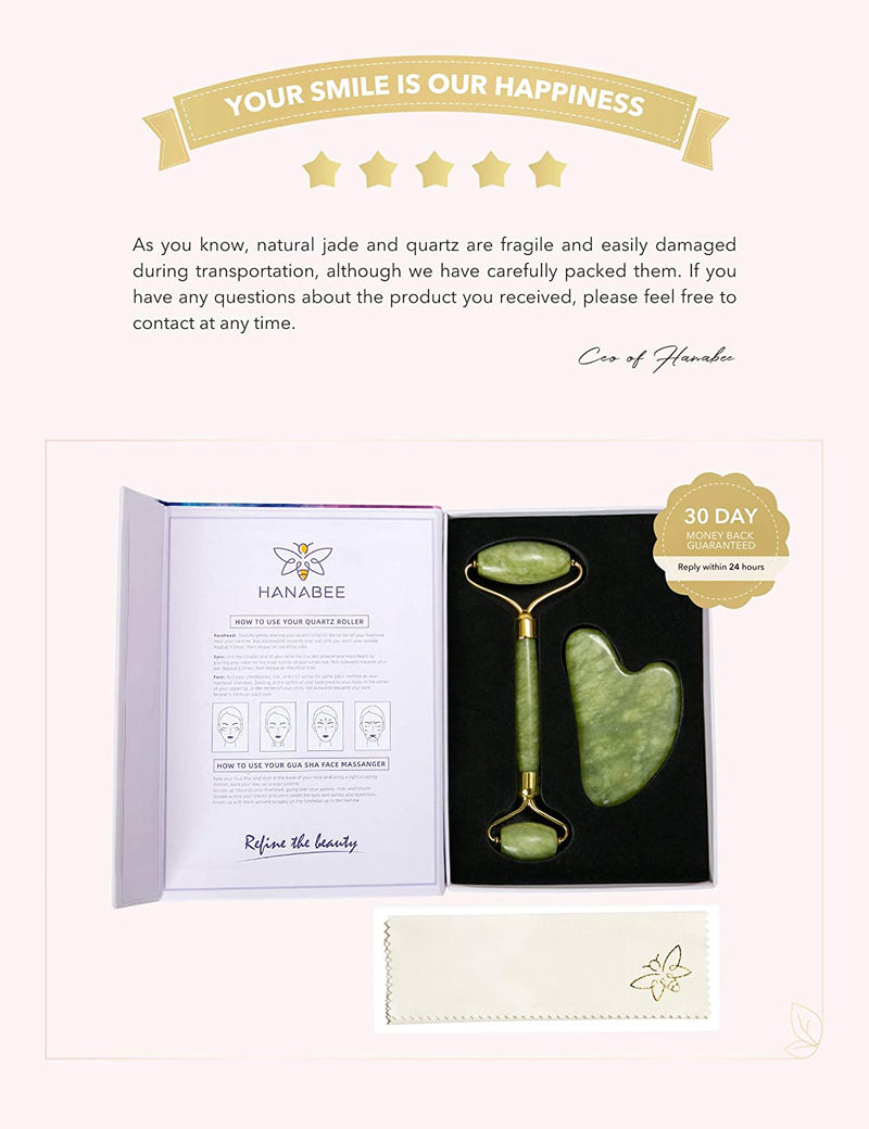 HANABEE Rose Quartz Facial Roller Jade Roller Gua Sha Facial Tools Face Roller and Gua Sha Massage Tool Body gua-sha Scalp Beauty Gift for Women Face Roller Massager (Green) HANABEE