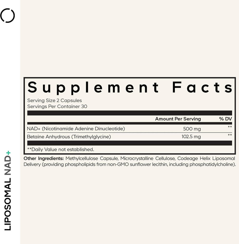 Codeage Liposomal NAD+ Supplement - NAD Nicotinamide Adenine Dinucleotide Coenzyme Pills - 500 mg NAD+ Per Serving & Betaine Anhydrous - Liposomal Delivery - Vegan, Non-GMO, Gluten-Free - 60 Capsules Infinity Warehouse