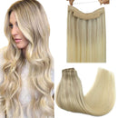 GOO GOO Halo Hair Extensions Human Hair Ombre Ash Blonde to Golden Blonde Mixed Platinum Blonde 100g Flip Extensions Hidden Crown Wire Hair Extensions Natural Secret Invisible Hairpiece 20 Inch GOO GOO Store