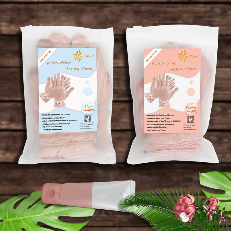 EvridWear Beauty Cotton Gloves with Touchscreen Fingers for SPA, Eczema, Dry Hands, Hand Care, Day and Night Moisturizing, 3 Sizes in Feather or Light Weight (6 pair S/M, Feather Weight Pink Color) Evridwear