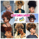 LEOSA Wig Afro Puff Drawstring Ponytail Bun with Bangs Heat Resistant Synthetic Short Kinky Curly Ponytail Updo Hair Extensions with Two Clips,Natural looking Curly Women Hairpieces (