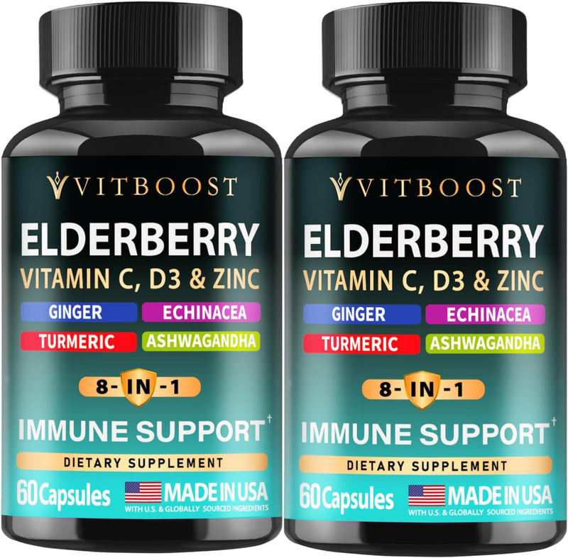 Elderberry Immune Support Supplement 8-in-1 Formula with Echinacea, Vitamin C & Zinc, Vitamin D 5000 IU, Turmeric, Ginger, Ashwagandha – 60 Capsules Infinity Warehouse