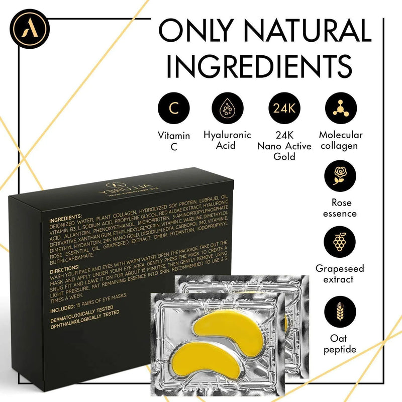ALLUREY 24K Gold Collagen Under Eye Mask, Anti-aging and Anti-wrinkle Effect, Moisturizes, Reduces Puffiness and Dark Circles, Under Eye Patches (15 Pairs) ALLUREY