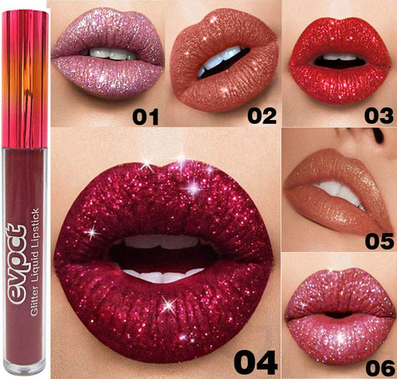 evpct 6Pcs Matte to Glitter Liquid Lipstick Long Lasting Lips Set Kit,6 Colors Diamond Red Glitter Sparkly Glossy Waterproof Lipstick Metallic Shimmer Brown Pink Lipgloss Lip Gloss Sets for Women evpct